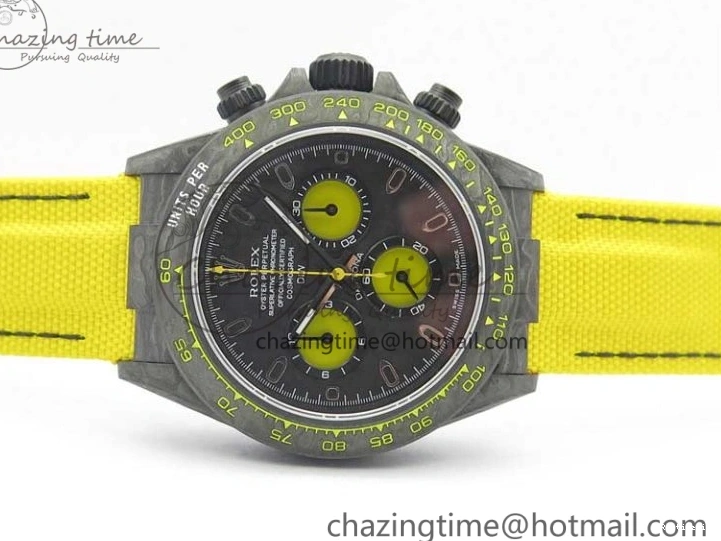 0102 Supportive Daytona DIW Carbon Case and Bezel Black Yellow Dial on Yellow Nylon Strap A 3220